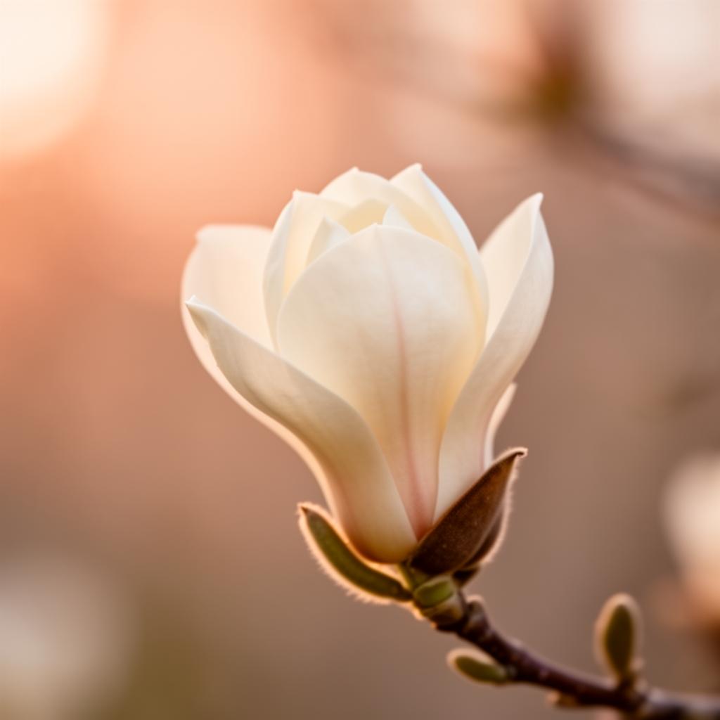 A magnolia bud opening at golden hour