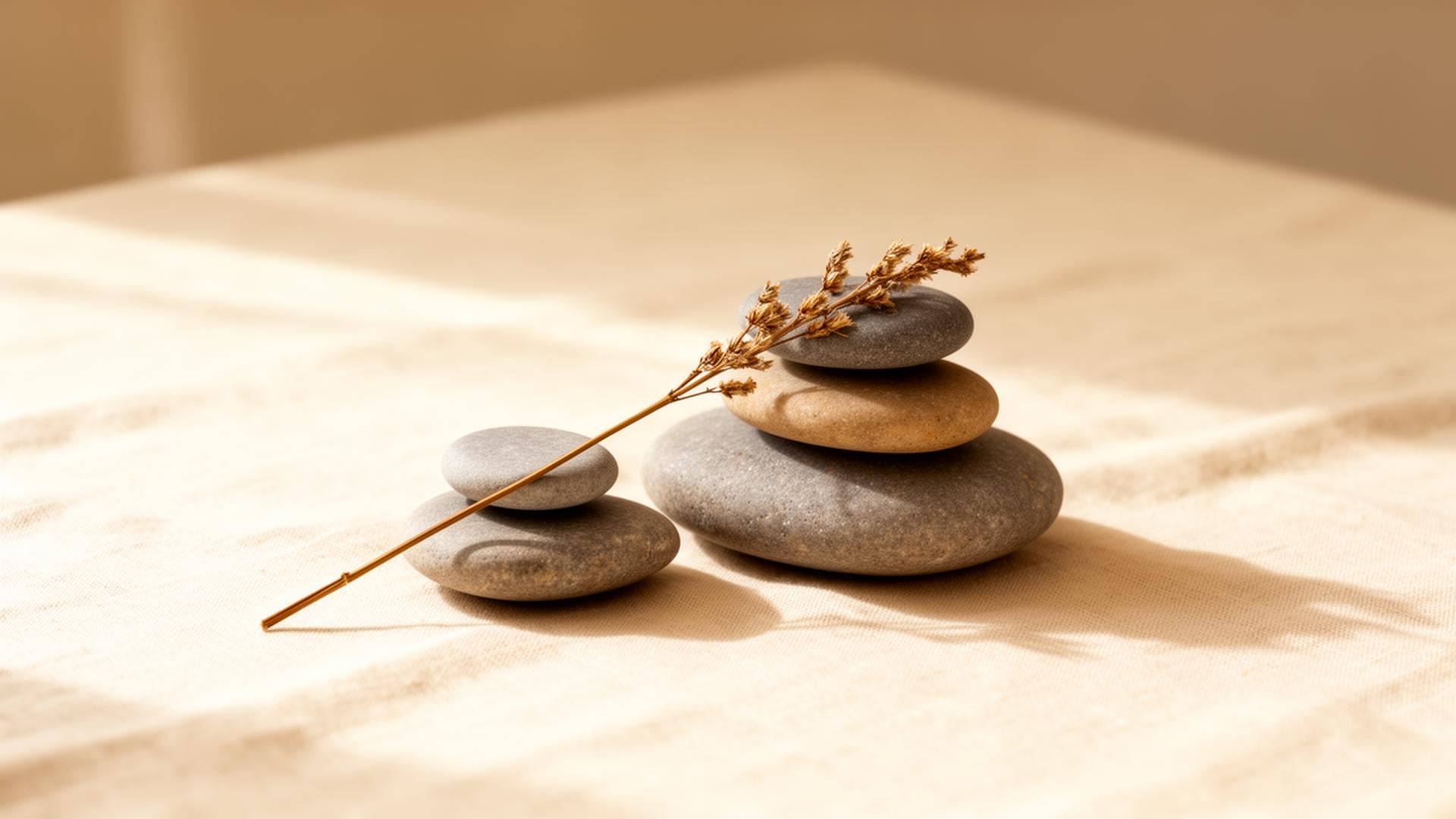 A still life of balanced stones and a dried botanical sprig